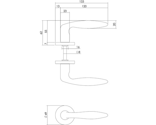 Technische tekening van een deurklink met maatvoering