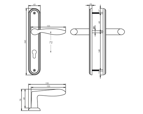 Technische tekening van een deurklink met lang schild en maatvoering