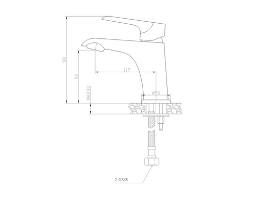 Technische tekening van een kraan met afmetingen