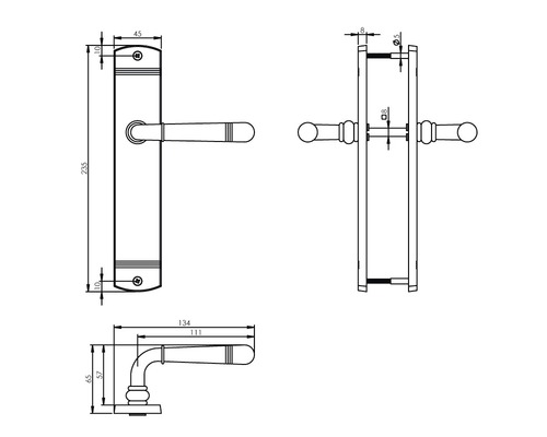 Technische tekening van een deurkruk met lang schild en maatvoering