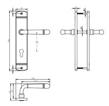 Technische tekening van een deurklink met afmetingen