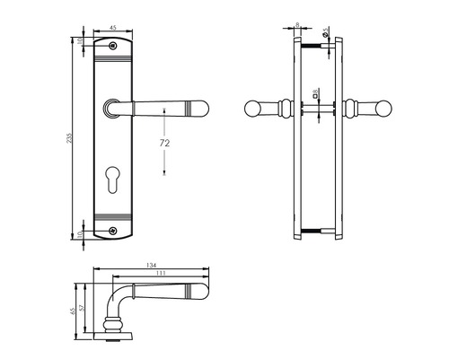 Technische tekening van een deurklink met afmetingen