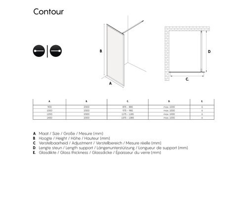 Technische tekening van een Contour douchewand met afmetingen
