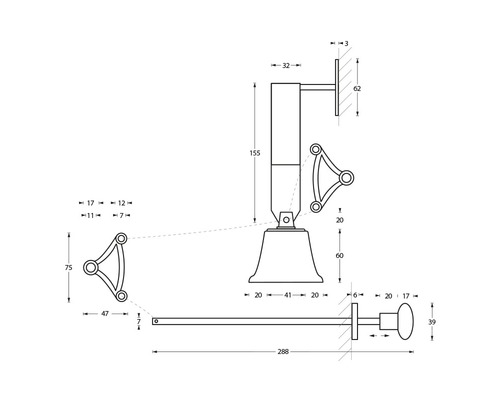 Technische tekening van een raamuitzetter met afmetingen