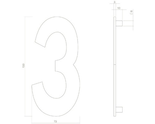 Technische tekening van huisnummer drie met afmetingen