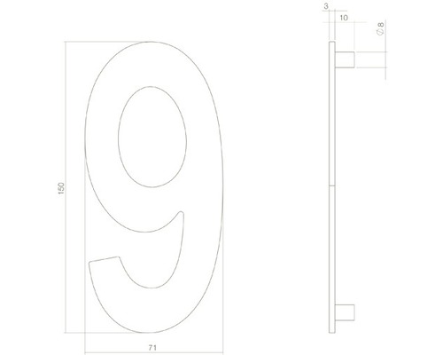 Technische tekening van huisnummer 9 met afmetingen.