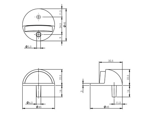 Technische tekening van een deurstopper met afmetingen