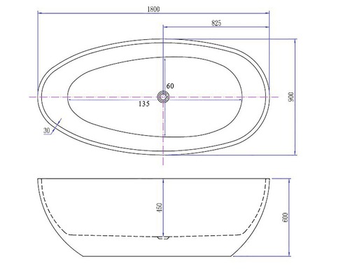 Technische tekening van een vrijstaand bad met afmetingen