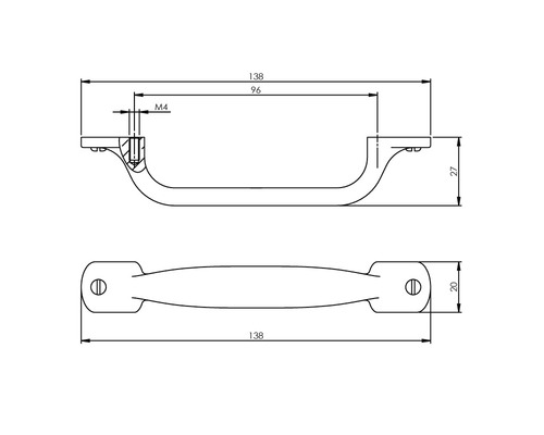 Technische tekening van een meubelgreep met maatvoering.