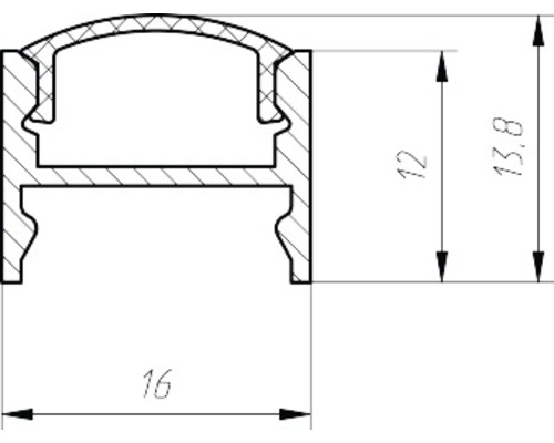Technische tekening van een profiel met afmetingen: 16 millimeter breed, 12 millimeter hoog en 13,8 millimeter totale hoogte.