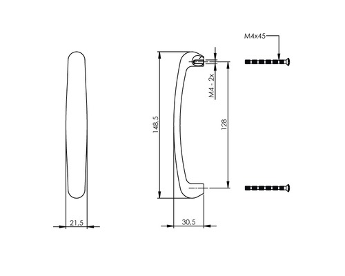 Technische tekening van een meubelgreep met afmetingen