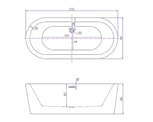 Technische tekening van een ligbad met afmetingen