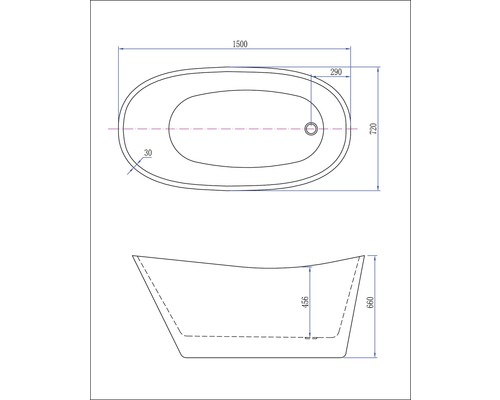 Technische tekening van een vrijstaand bad met maatvoering