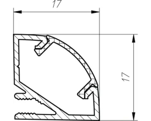 Technische tekening van een hoekprofiel met afmetingen 17 x 17 mm