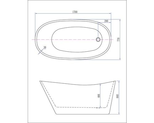 Technische tekening van een badkuip met afmetingen