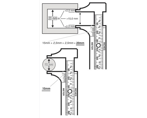 Illustratie van een schuifmaat met meetwaarden in millimeters en inches