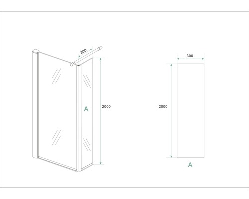 Technische tekening van een douchewand met maatvoering