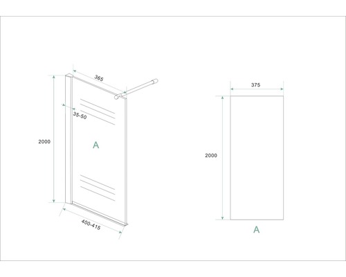 Technische tekening van een douchewand met afmetingen