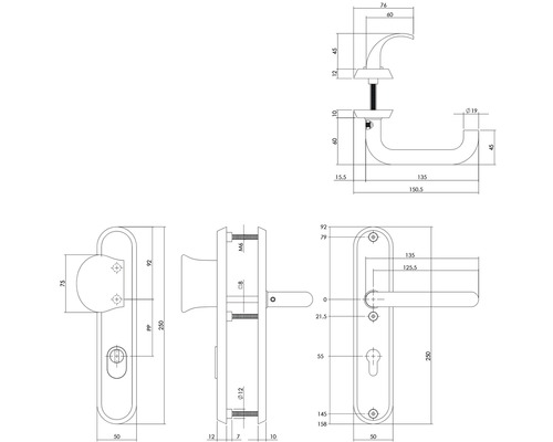Technische tekening van een deurkruk met afmetingen