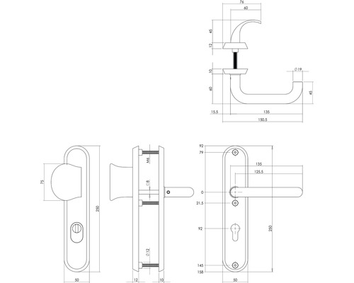 Technische tekening van een deurklink met afmetingen