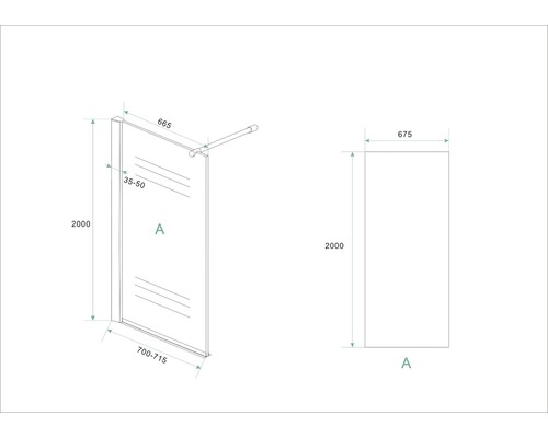 Technische tekening van een douchewand met maataanduidingen