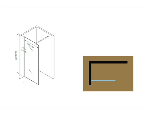 Schets van een douchecabine met maatvoering