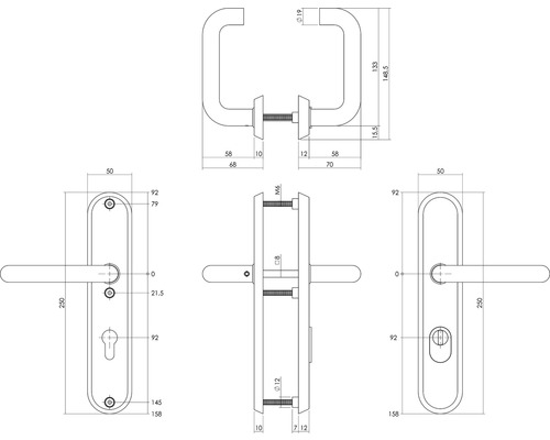Technische tekening van een deurklink met afmetingen