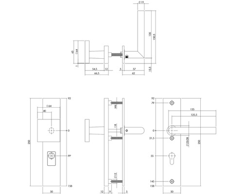 Technische tekening van een deurklink met afmetingen