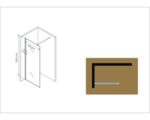 Afbeelding van een douchecabine met de afmetingen 2000 millimeter hoog en 955 millimeter breed.