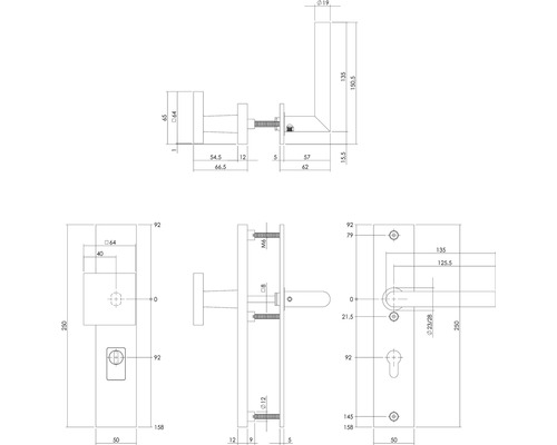 Technische tekening van een deurkruk met afmetingen