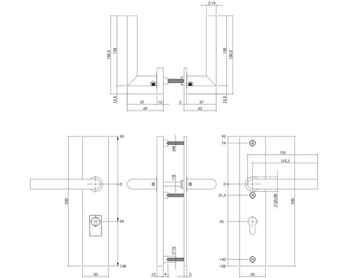 Technische tekening van een deurklink met afmetingen