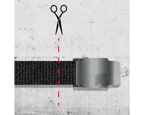 Illustratie van een riem met schaar en stippellijn die aangeeft dat de riem op maat geknipt kan worden