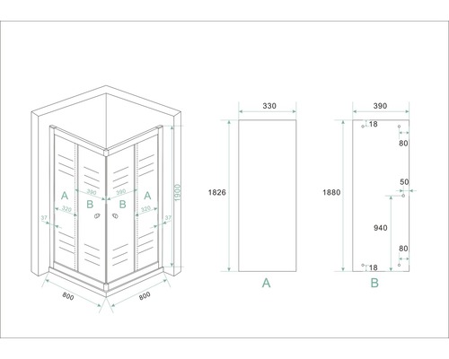 Technische tekening van een hoekdouche met afmetingen