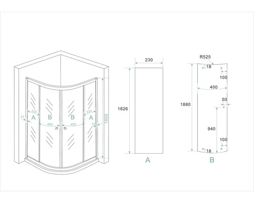 Technische tekening van een douchecabine met afmetingen