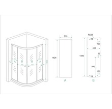 Technische tekening van een douchecabine met afmetingen