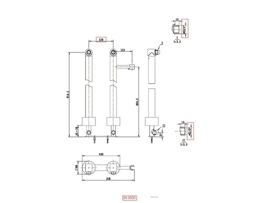Technische tekening van een radiator met afmetingen