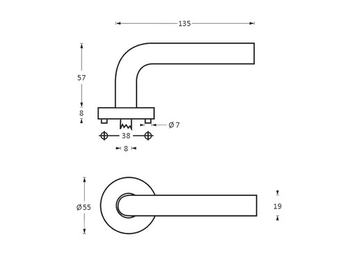 Technische tekening van een deurklink met afmetingen