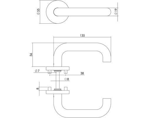 Technische tekening van een deurkruk met afmetingen