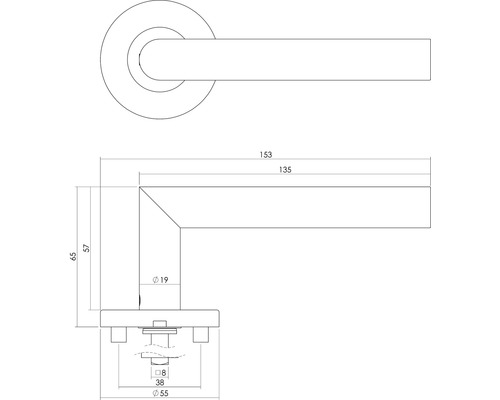 Technische tekening van een deurklink met afmetingen