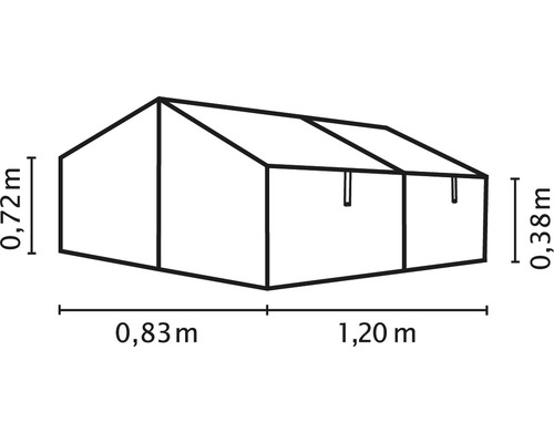 Maatschets van een partytent met hoogte- en lengtegegevens in meters