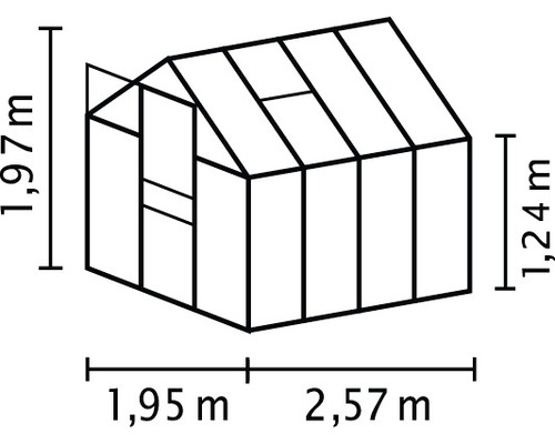 Technische tekening van een kas met de afmetingen 1,97 meter hoog, 1,95 meter diep en 2,57 meter breed