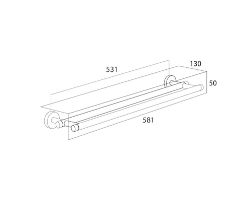 Technische tekening van een handdoekenrek met plank en maatgegevens