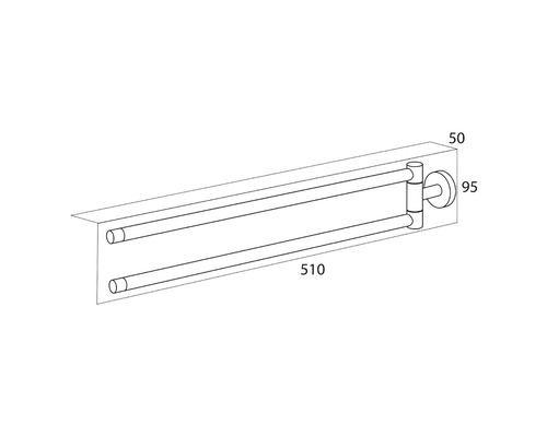 Afbeelding van een handdoekrek met twee armen en de afmetingen 510 x 50 x 95 millimeter.