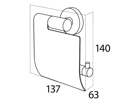 Technische tekening van een toiletpapierhouder met de afmetingen 140 x 137 x 63 mm
