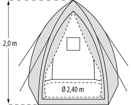 Tentplattegrond met afmetingen 2,0 m hoogte en 2,40 m diameter