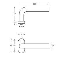 Technische tekening van een deurklink met afmetingen.