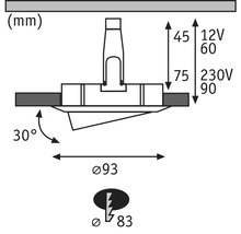 Technische tekening van een plafondspot met afmetingen