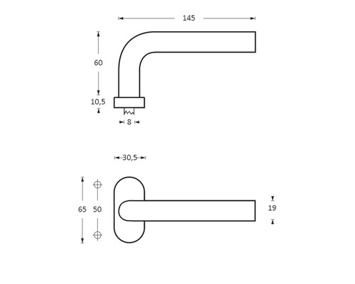 Technische tekening van een deurklink met afmetingen