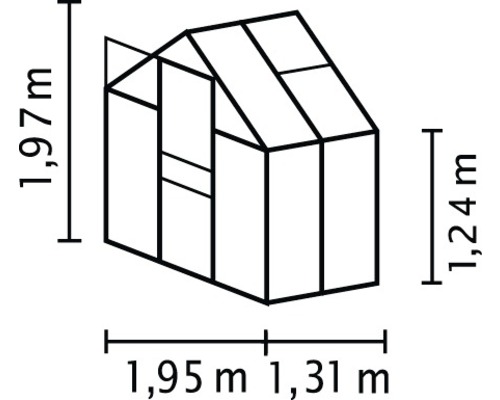 Afmetingen van een tuinhuis: 1,97 meter hoog, 1,95 meter breed en 1,31 meter diep. De zijwand is 1,24 meter hoog.