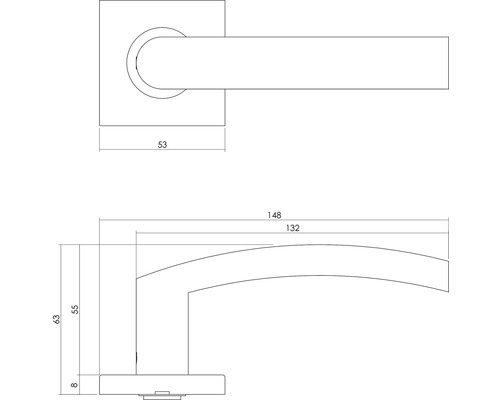 Technische tekening van een deurklink met maatvoering.